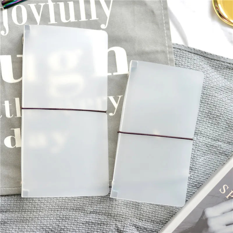 A clear transparent notebook shell for planner and stationery resting on a gray fabric.