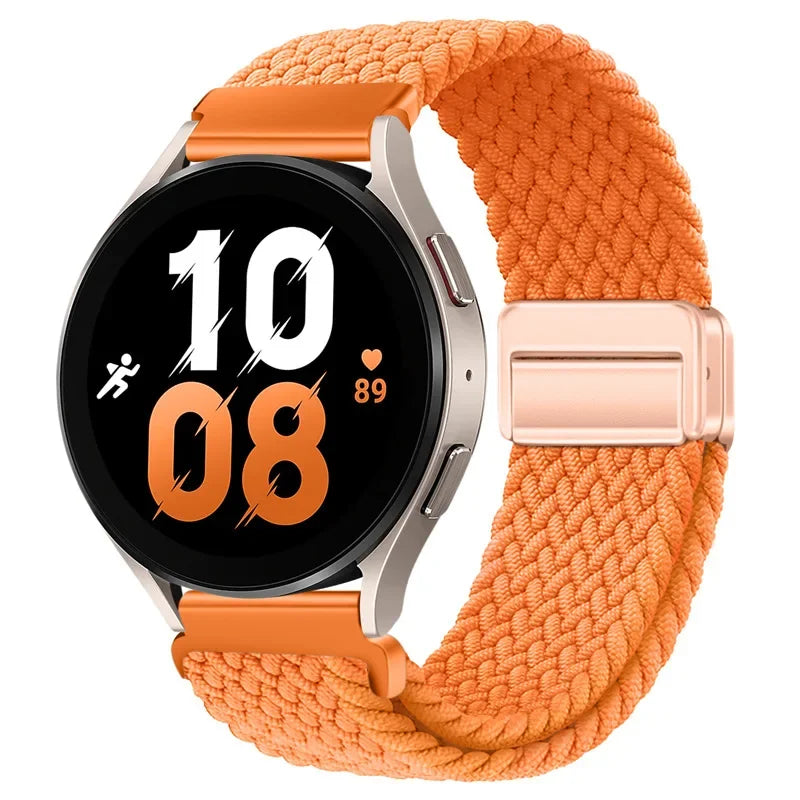 Orange gewebter magnetischer Armband für eine schwarze Smartwatch, die 10:08 anzeigt.
