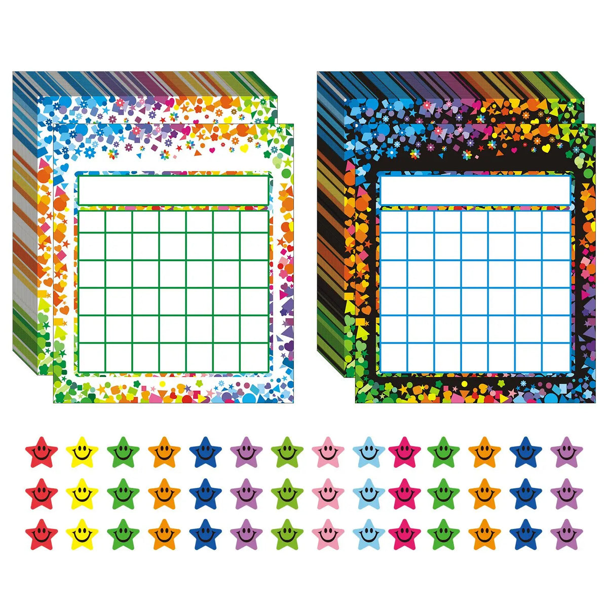 An incentive reward chart for kids behavior tracking featuring a grid and colorful confetti border.
