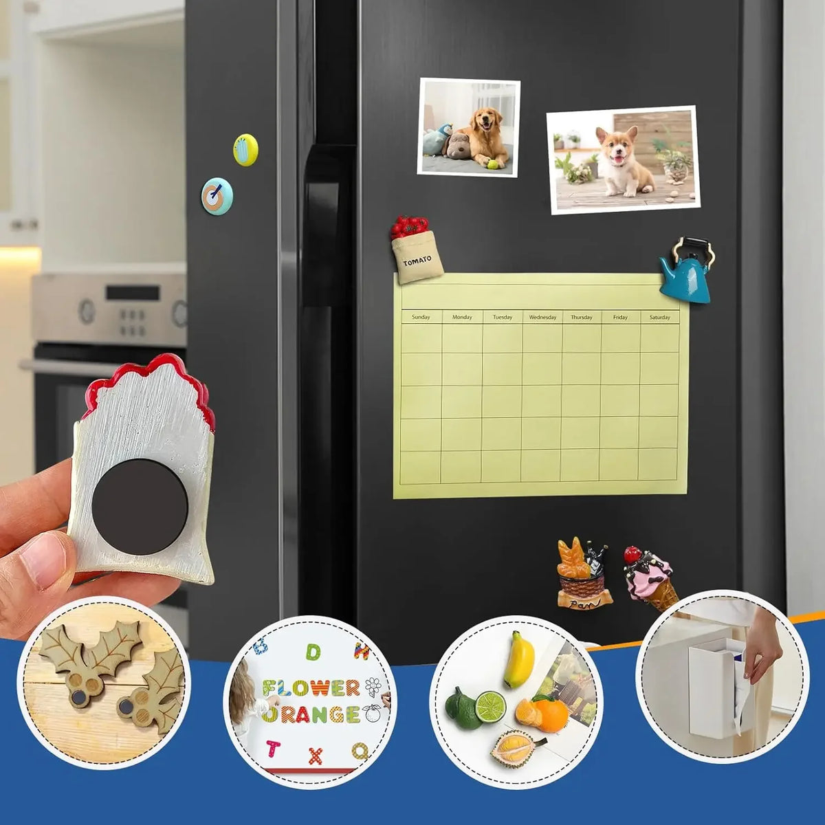 Una puerta de refrigerador tiene un calendario amarillo y varios puntos magnéticos redondos autoadhesivos para organizar.