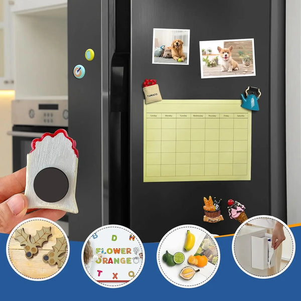 A refrigerator door features a yellow calendar and various round self-adhesive magnetic dots for organization.