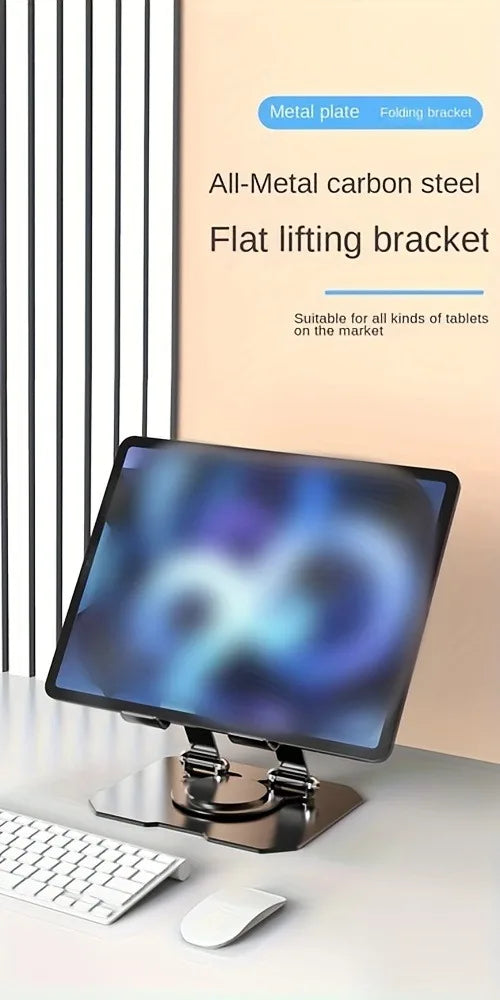 A black metal flat lifting bracket tablet stand with a rotating design shown on a desk.