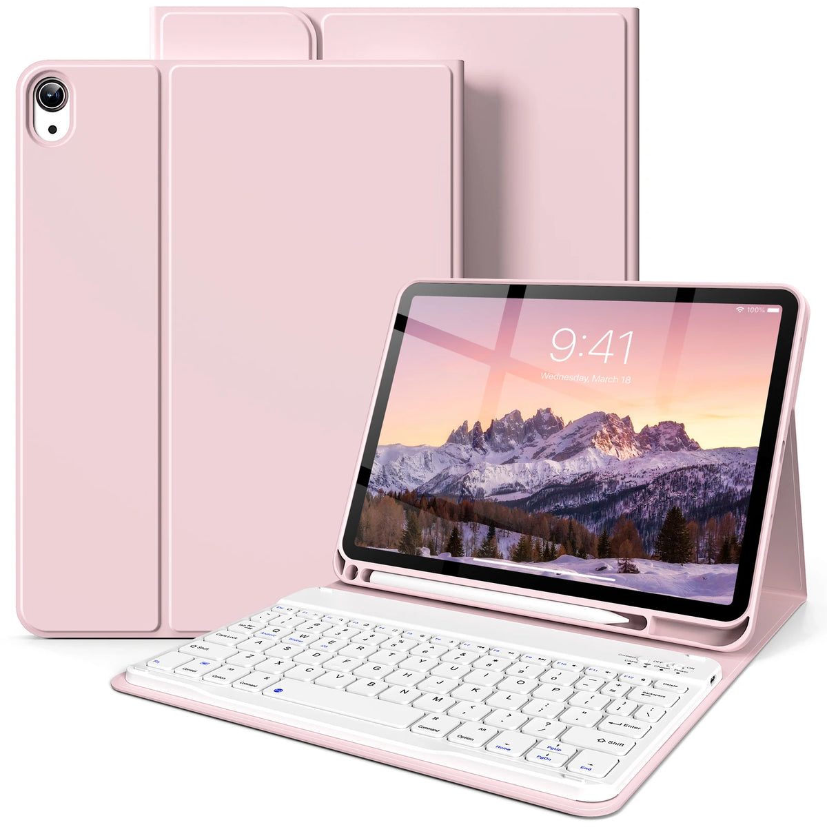 Pinkes Premium-Leder-Keyboard-Case für ein iPad wird zusammen mit dem Gerät gezeigt.