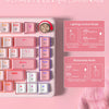A close-up of a pink mechanical keyboard showing multimedia and backlight control knobs.