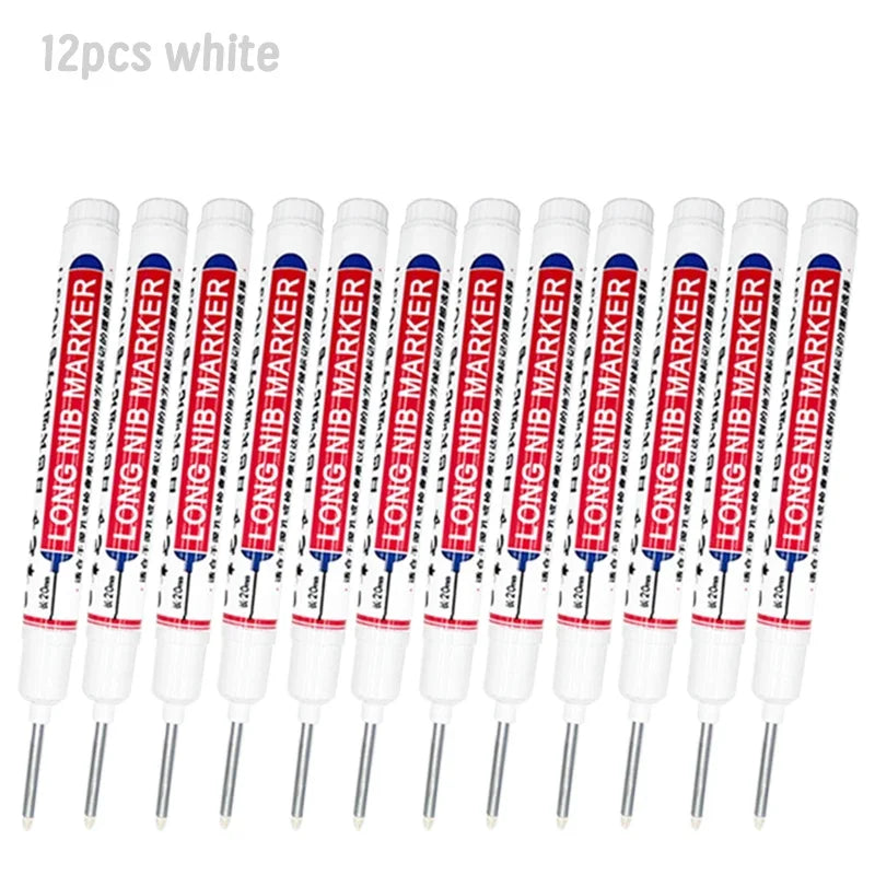 Twelve white long nib marker pens for deep hole marking on metal and wood.