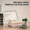 A clear acrylic tablet stand with a pink light illuminates the device on a glass base.