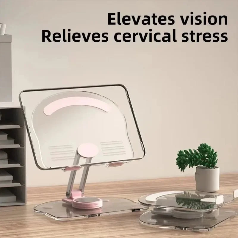 A clear acrylic tablet stand with a pink light illuminates the device on a glass base.