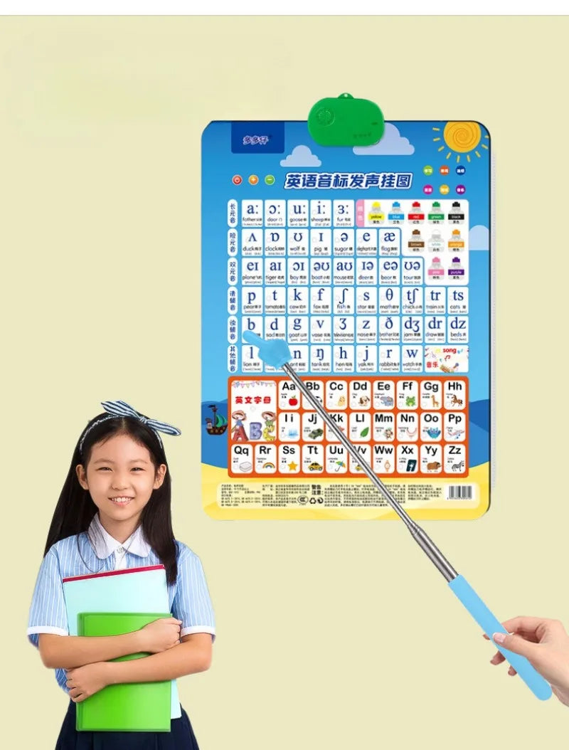 A hand points at a colorful chart showing Chinese characters and pinyin on a stainless steel telescopic teaching pointer.