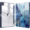 A silver iPad is shown with a blue and gold marbled protective case.