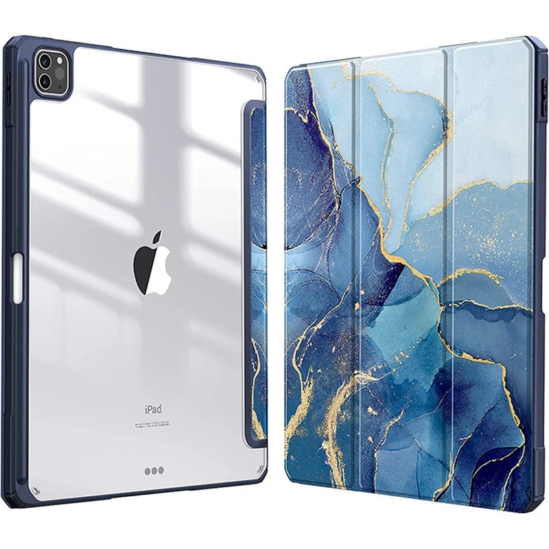 A silver iPad is shown with a blue and gold marbled protective case.