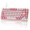 A pink mechanical keyboard with light pink keycaps and a silver frame is shown from above.