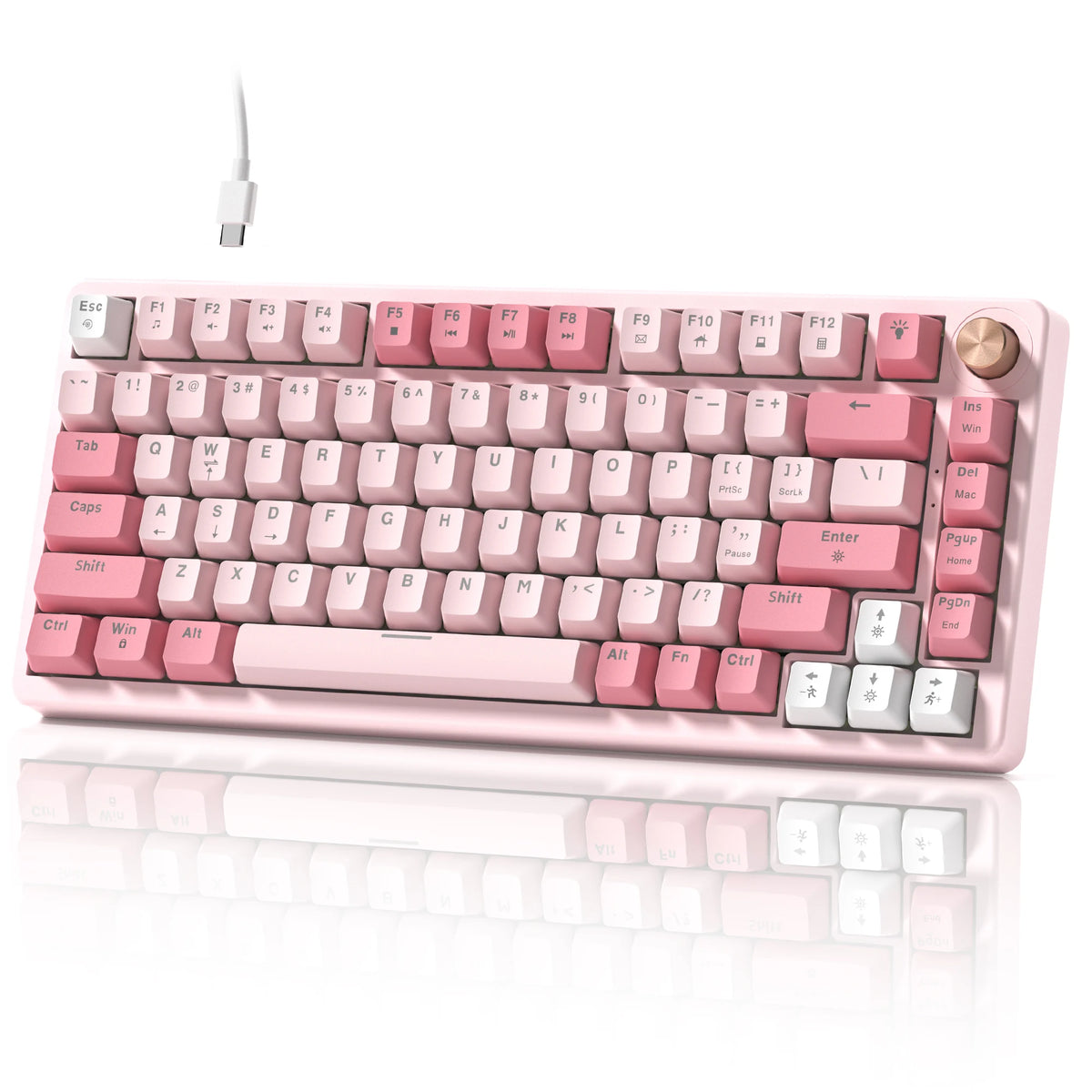 A pink mechanical keyboard with light pink keycaps and a silver frame is shown from above.