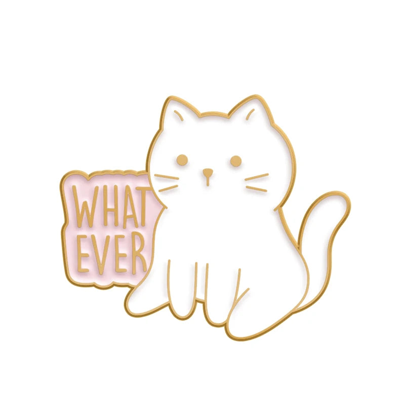 A white cat outline with a gold border, featuring the text WHAT EVER.