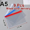 A set of 9 mixed color transparent plastic document file organizer bags, including a red and blue folder.