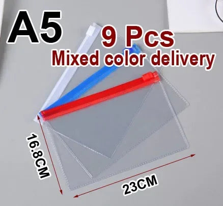 A set of 9 mixed color transparent plastic document file organizer bags, including a red and blue folder.
