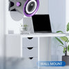 A portable rechargeable desk fan with an ambient light, mounted on a wall for no-drill use.