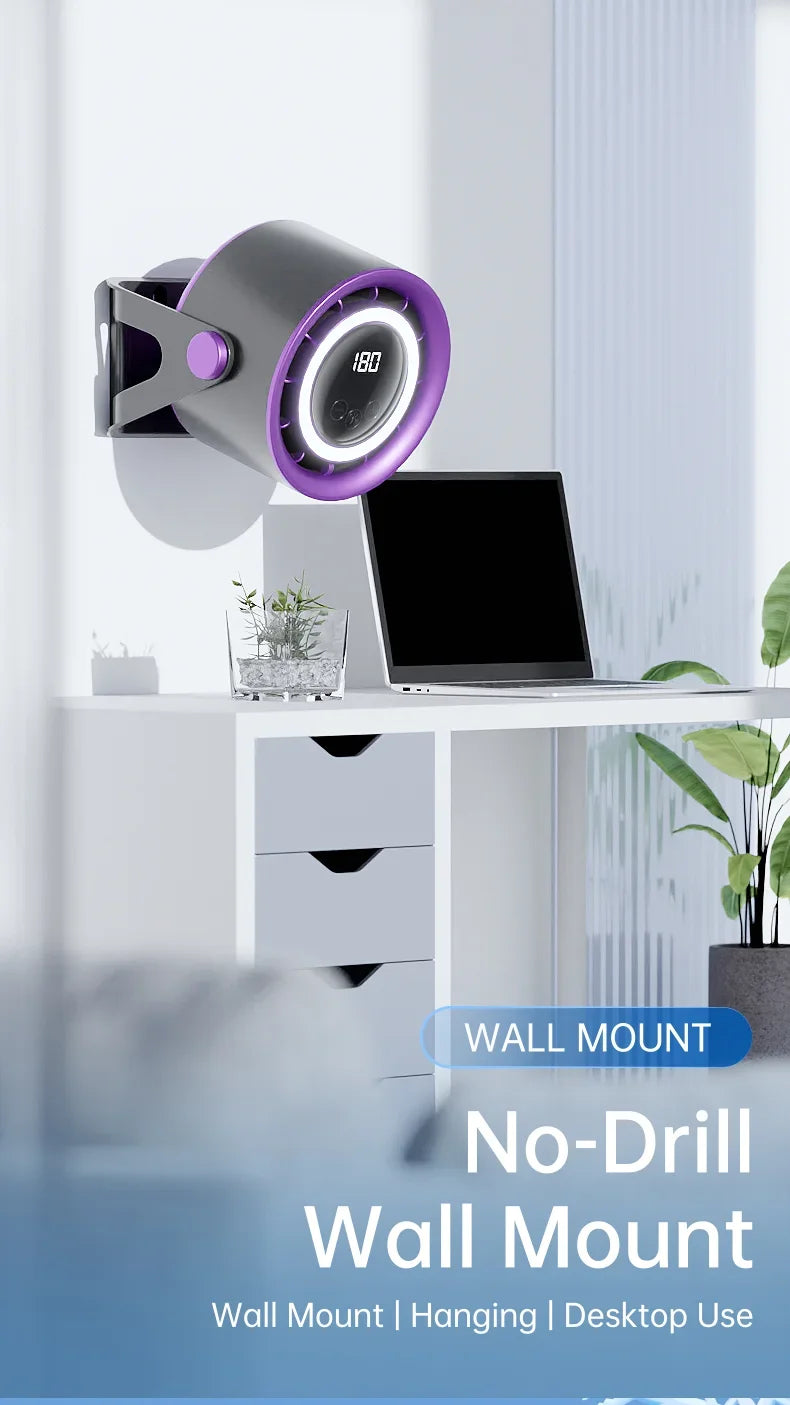 A portable rechargeable desk fan with an ambient light, mounted on a wall for no-drill use.