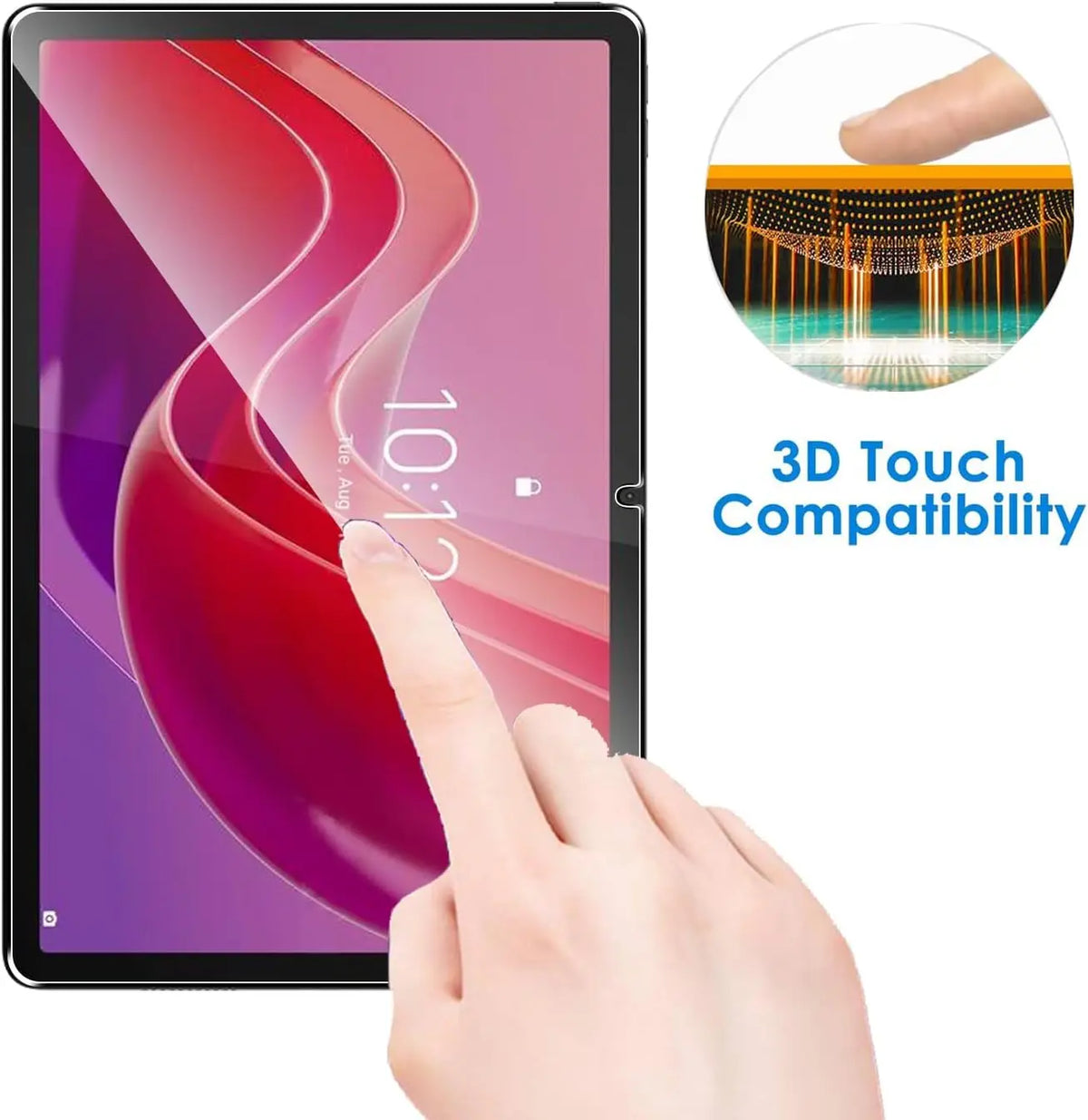 A hand touches a vibrant pink and purple tempered glass screen protector on a tablet, demonstrating 3D touch compatibility.