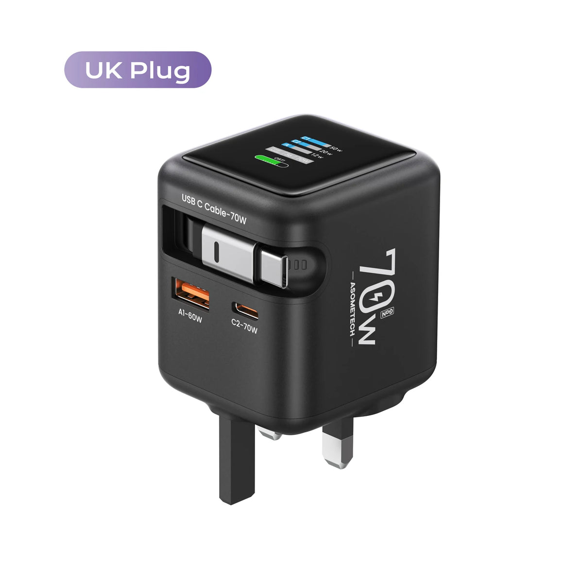 Black 70W GaN fast charger with a retractable USB-C cable and UK plug adapter.