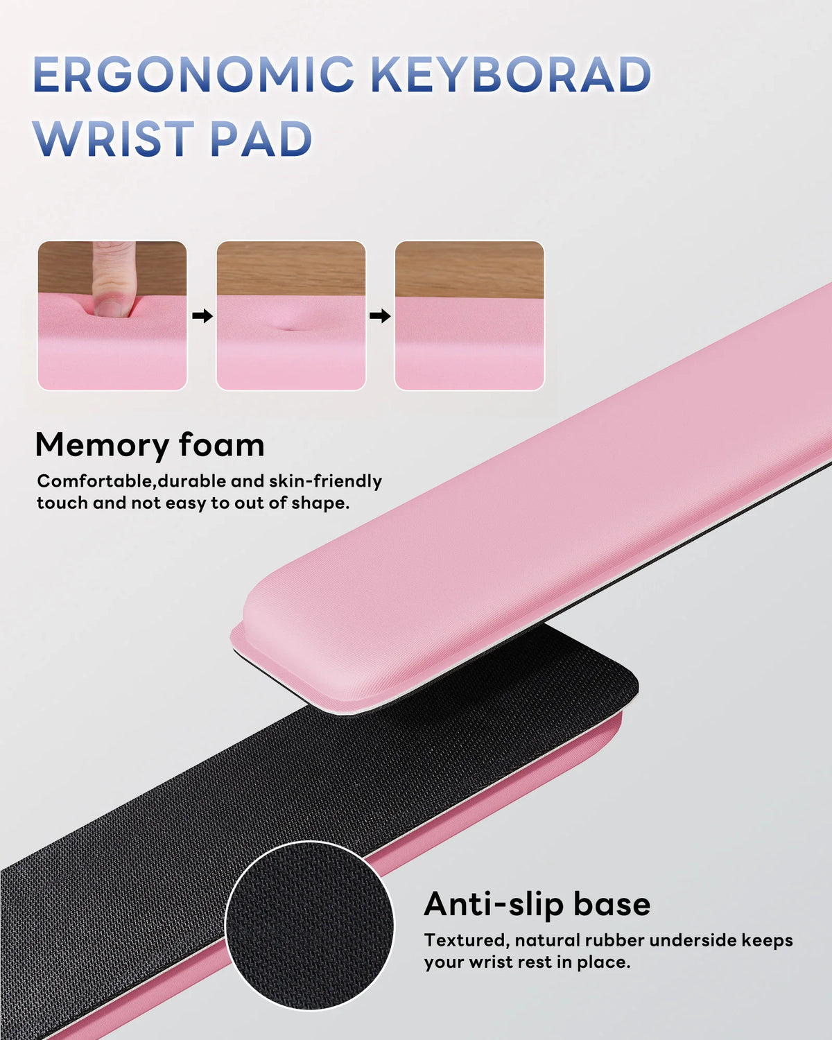 Pink ergonomic keyboard wrist pad with a black anti-slip base shown in detail.