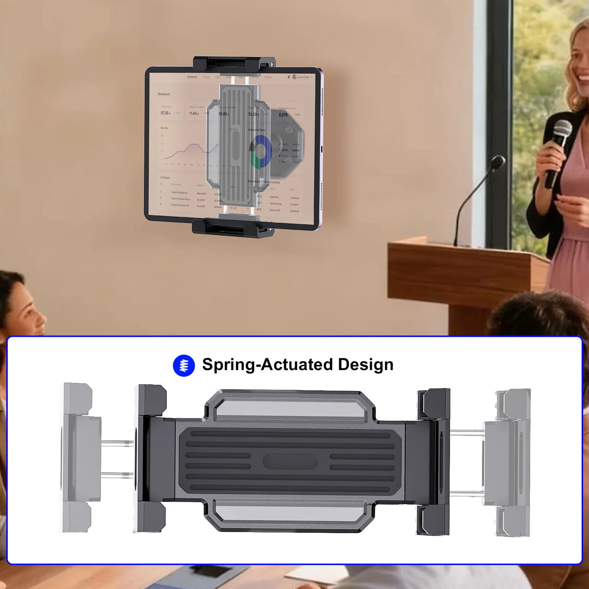 A diagram illustrating the spring-actuated design of a 360° rotating tablet wall mount stand.
