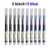 A set of ten precision gel pens, five black and five blue, displayed side by side.