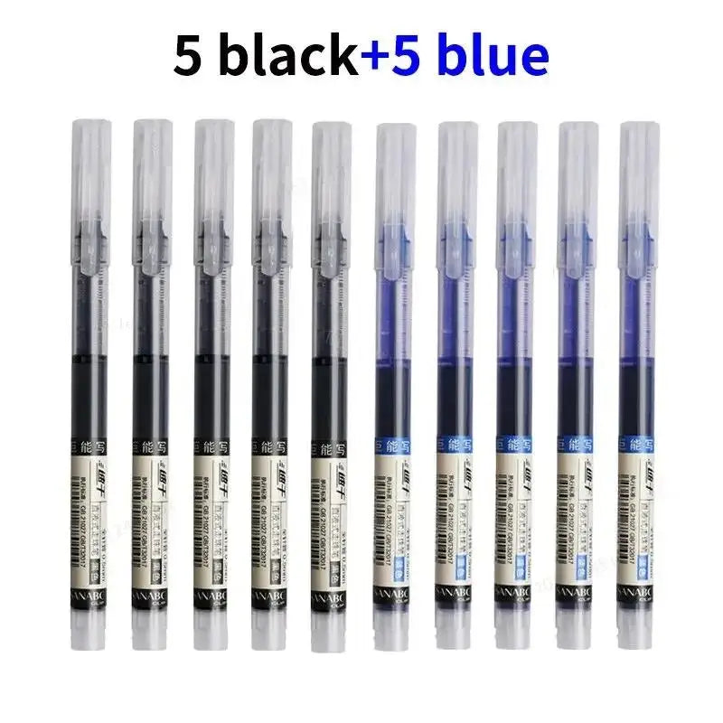 A set of ten precision gel pens, five black and five blue, displayed side by side.