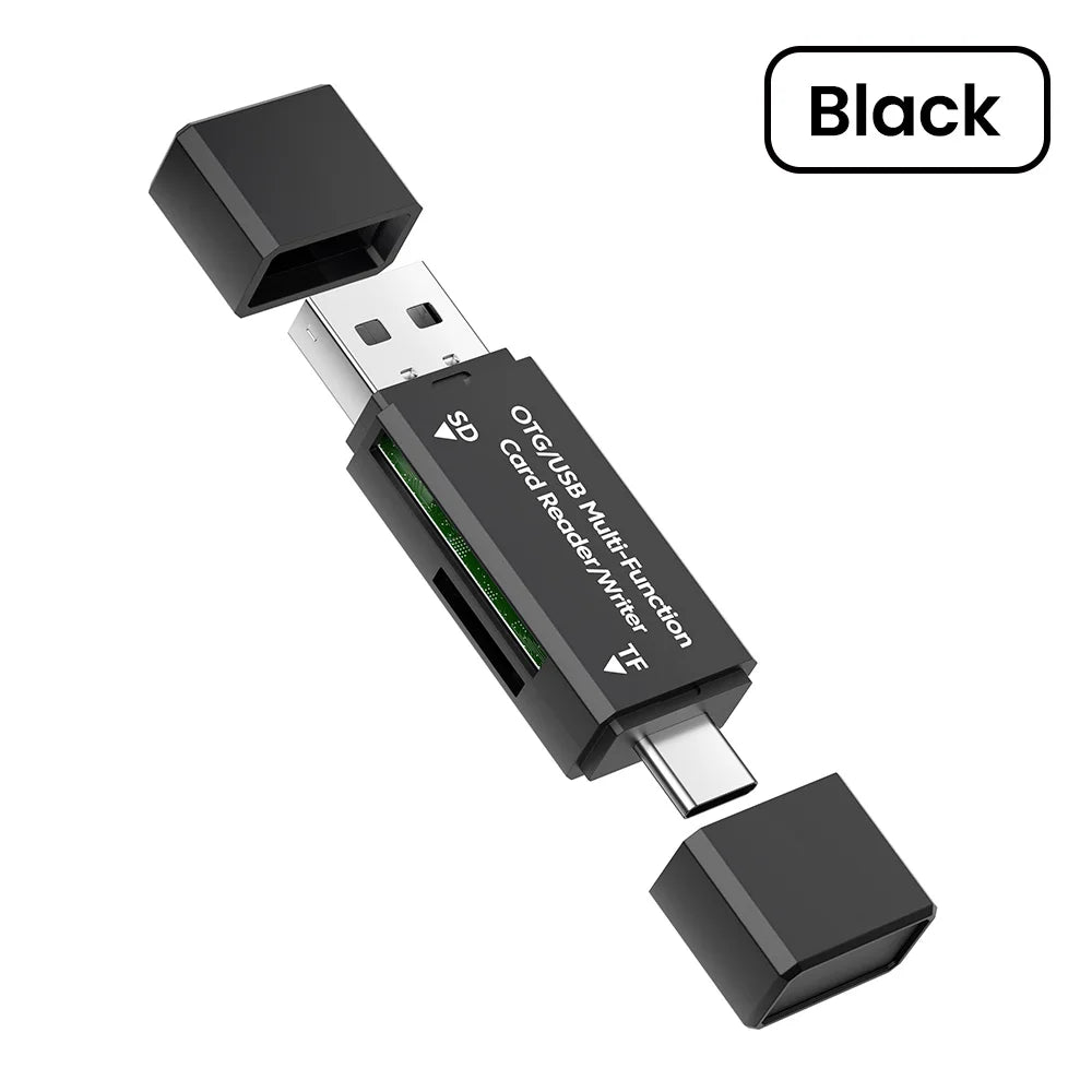 Black OTG/USB Multi-Function Card Reader/Writer adapter with square connectors