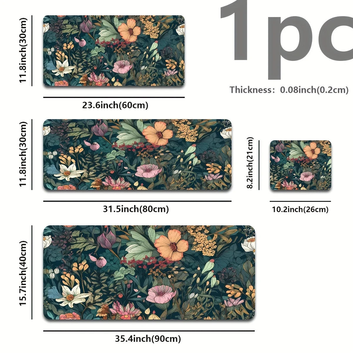 A set of floral design mouse pads in various sizes and thicknesses, showing different dimensions.