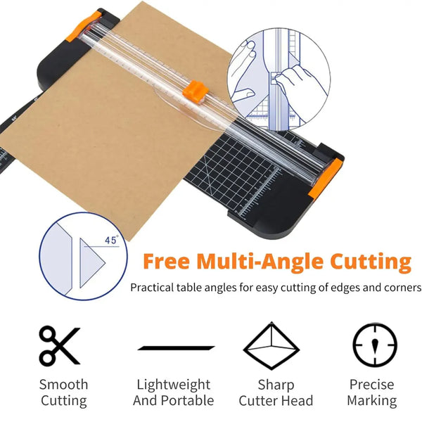 A precision 12-inch paper cutter with a slide rail shown alongside various cutting and marking features.
