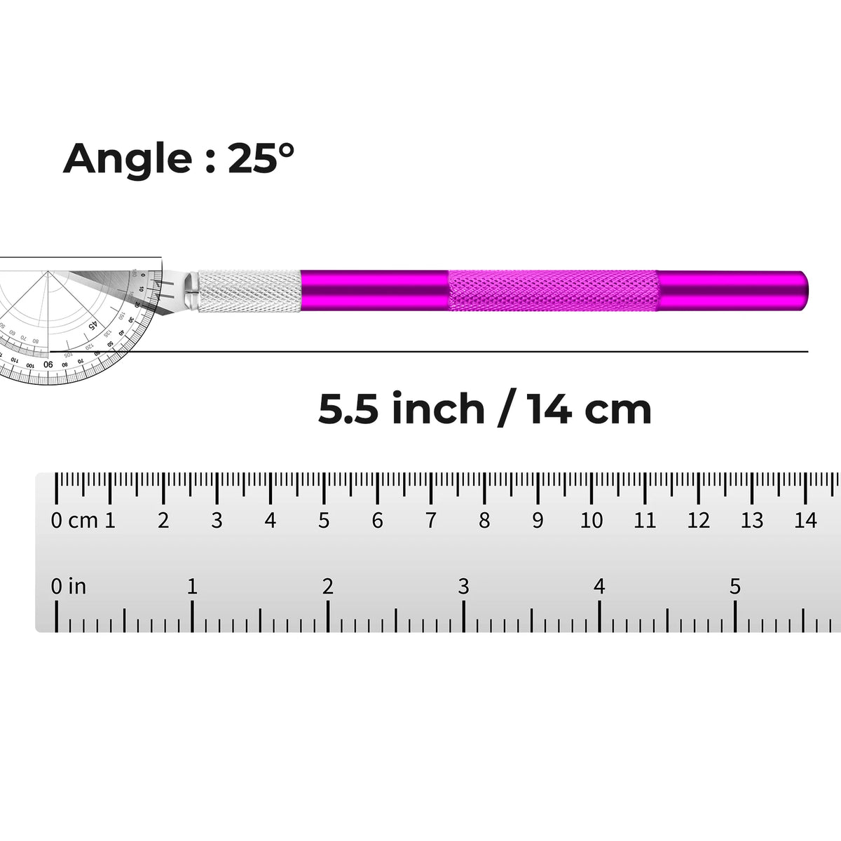 A precision craft knife set with a steel ruler is shown at a 25-degree angle, measuring 5.5 inches or 14 cm.