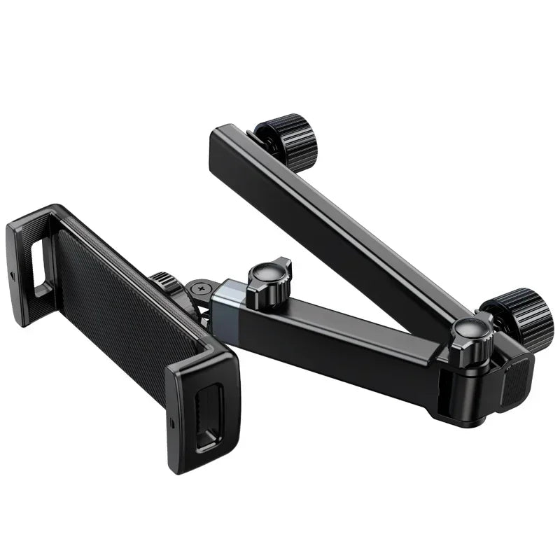 Black adjustable tablet holder designed to mount on a car headrest.