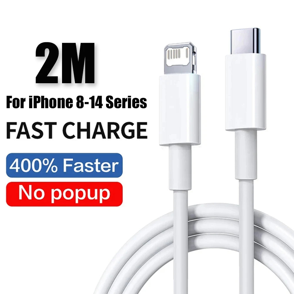 White fast charging cable for iPhone 8-14 series devices featuring a USB-C connector.