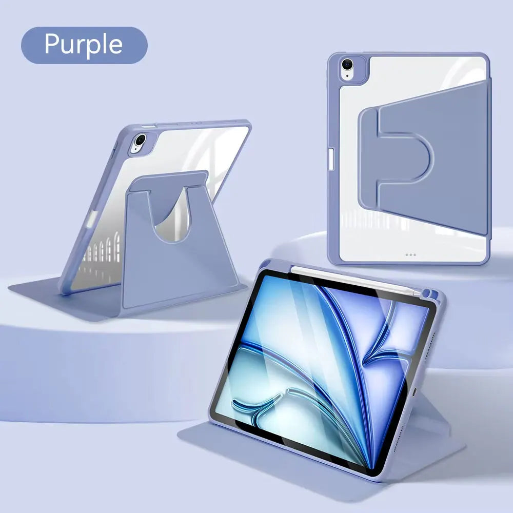 A purple 360° rotating protective case for an iPad is shown alongside a smartphone.