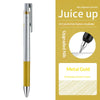A silver and gold Pilot Juice Up fine point gel pen with an upgraded nib shown next to ink options.