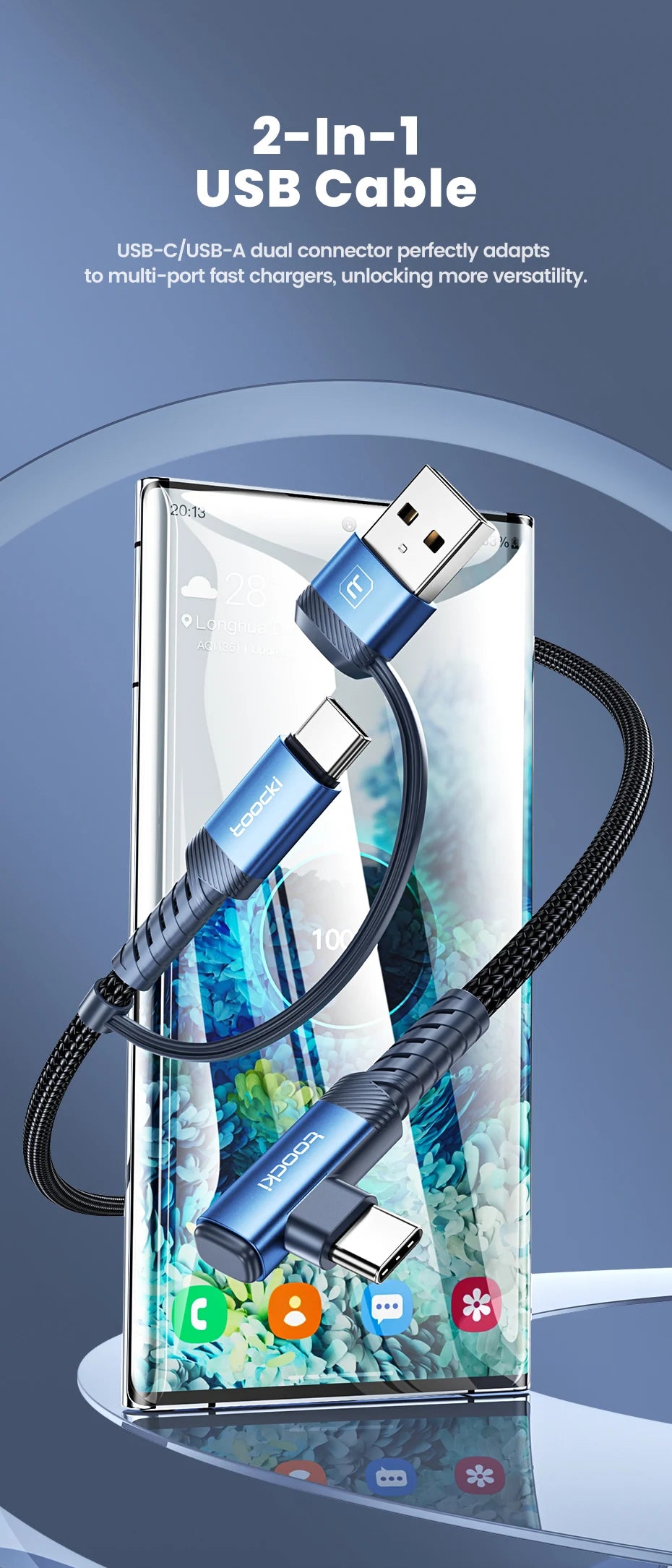A blue 2-in-1 USB cable connects a smartphone to a power bank, demonstrating multi-port fast charging versatility.