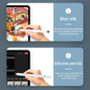 A hand holds a white stylus pen drawing on a tablet screen, demonstrating the smooth lines of the Disc nib.
