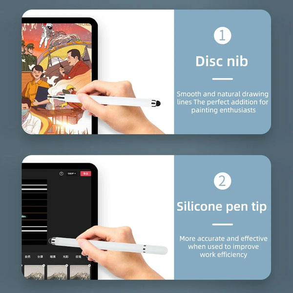 A hand holds a white stylus pen drawing on a tablet screen, demonstrating the smooth lines of the Disc nib.