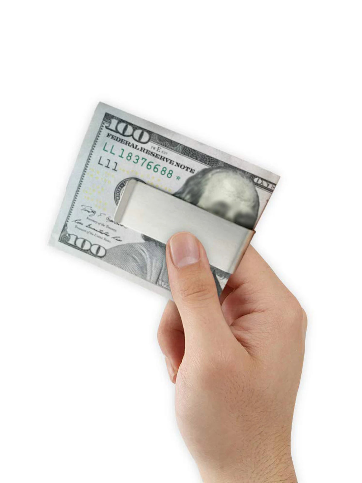 A hand holds a folded hundred dollar bill, showing the Federal Reserve note and serial number.