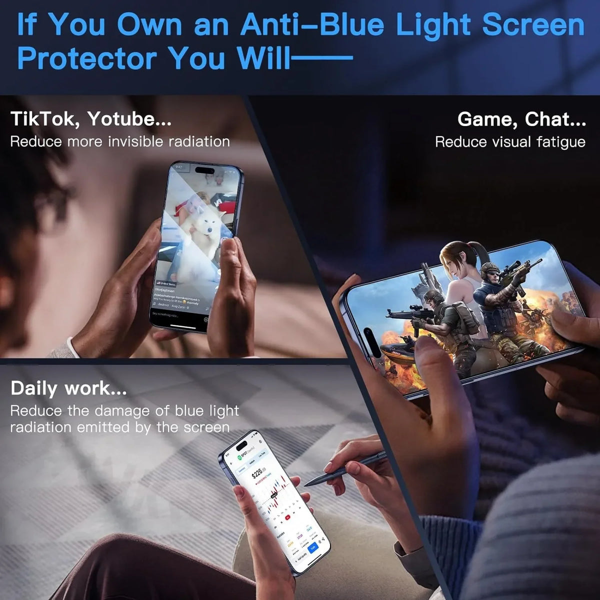 Manos sostienen un iPhone mostrando un protector de pantalla, ilustrando el uso de protectores anti-luz azul para diversos di