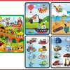 A set of illustrated pages featuring various vehicles and activities for a Water Book drawing and coloring notebook.
