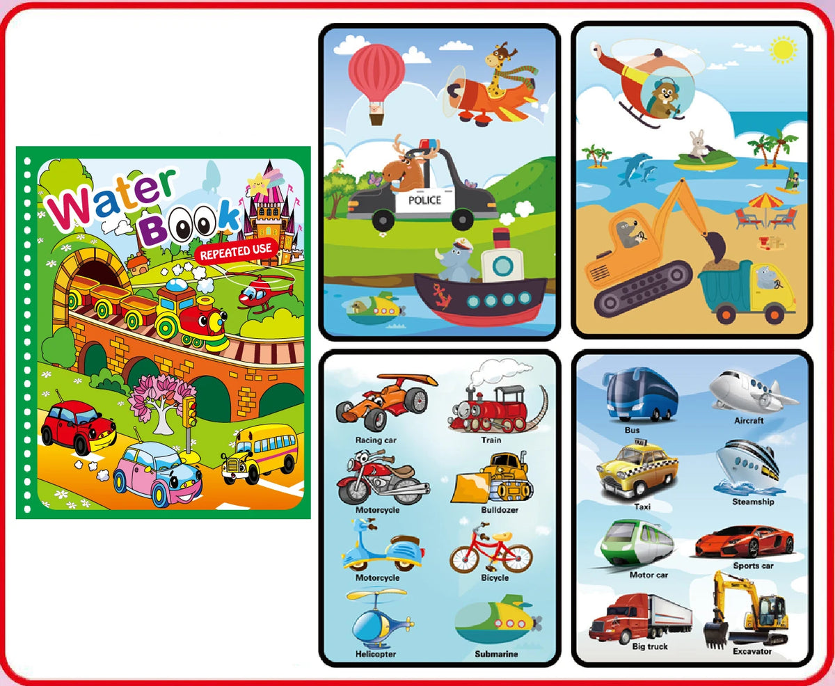 A set of illustrated pages featuring various vehicles and activities for a Water Book drawing and coloring notebook.