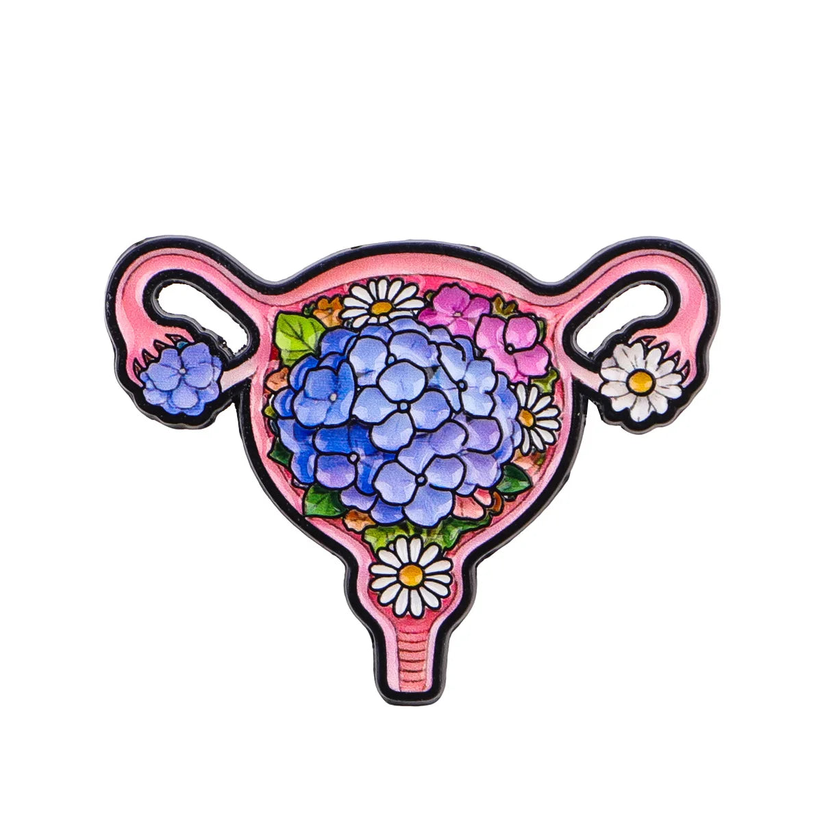 Enamel pin featuring a stylized pink uterus with blue and white flowers.