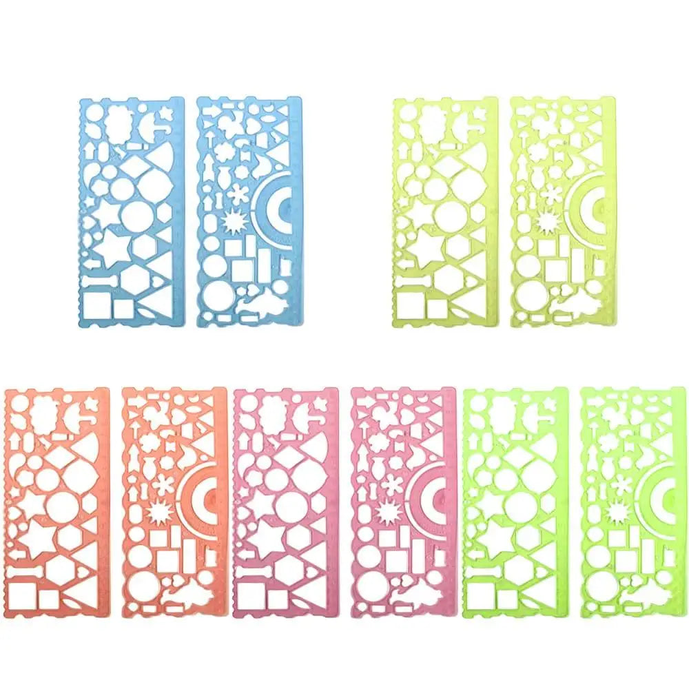 A set of multi-shape geometric drawing templates or rulers in light blue, lime green, and pink.