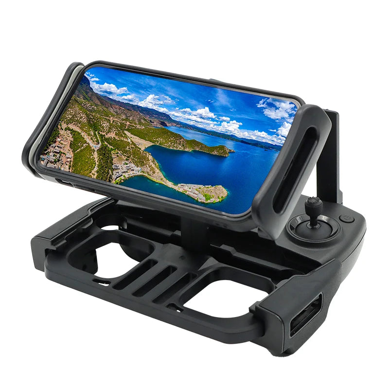 Soporte de clip negro para montar un control remoto de dron DJI en una tableta o teléfono.