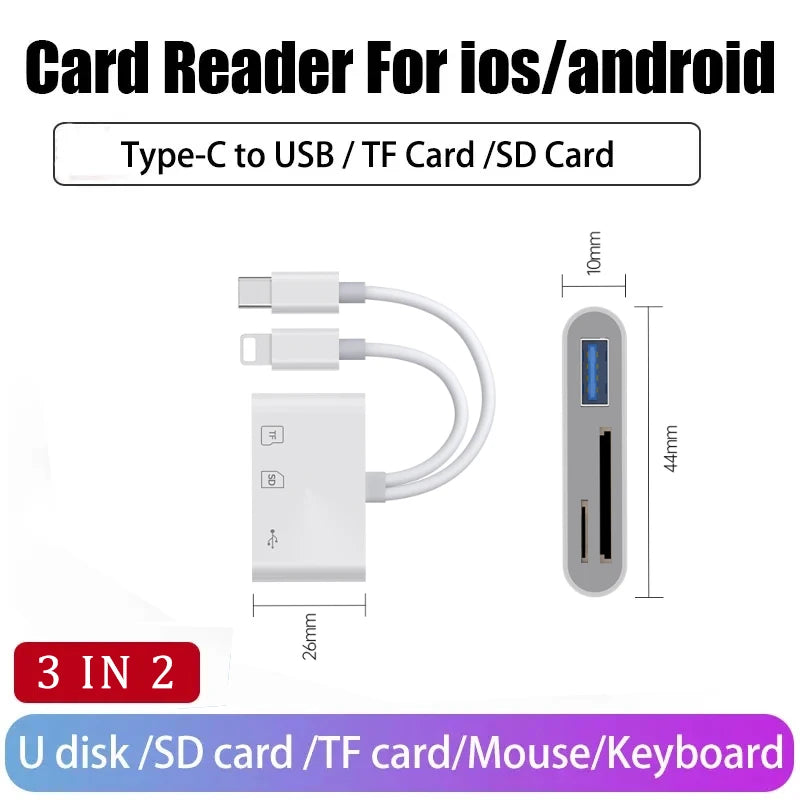 Card reader adapter with Type-C to USB/TF/SD card functionality for iOS and Android devices