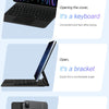 A three-in-one accessory showing an iPad in three configurations: a keyboard, a bracket, and a protective sheath.