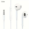 A white pair of wired earbuds with microphones shown in various forms, including the earbud and connector.