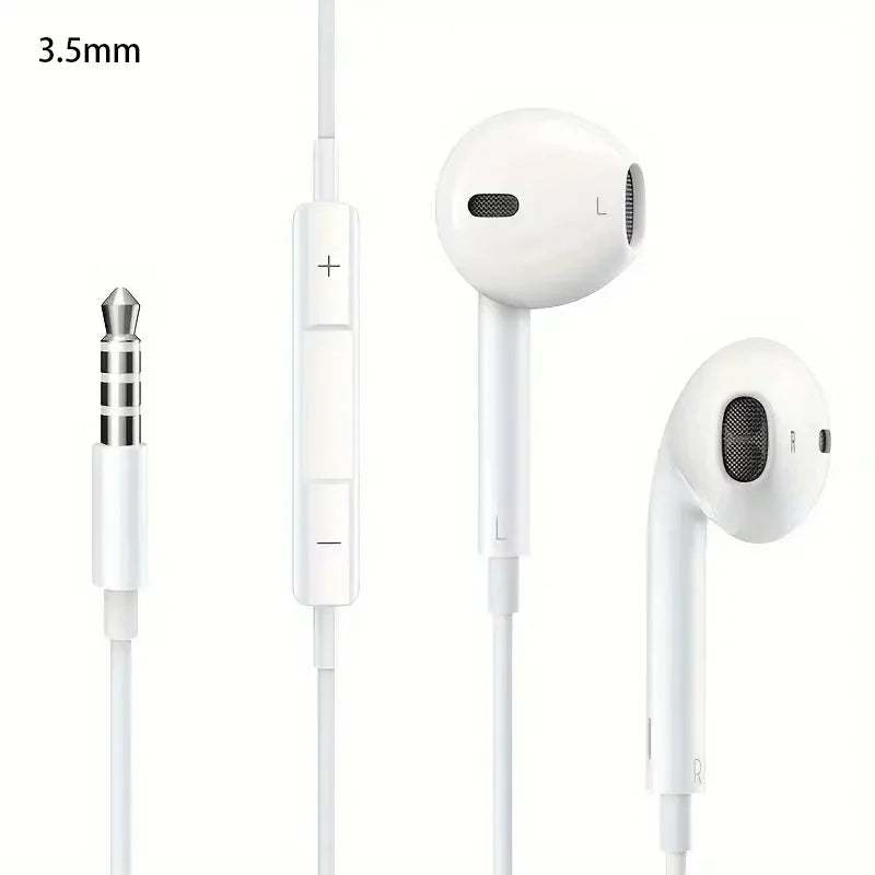 A white pair of wired earbuds with microphones shown in various forms, including the earbud and connector.