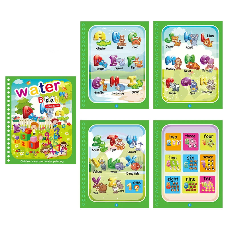 A set of six pages for children's water painting and coloring, featuring animals, letters, and numbers.